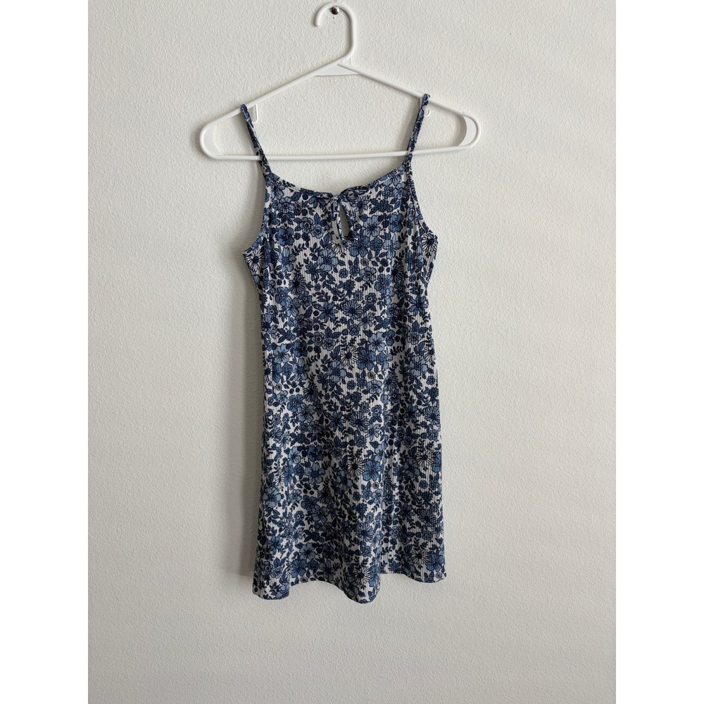 Lily Bleu Blue Floral Ribbed Mini Dress Tie Front Spaghetti Strap Sleeveless